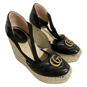 Gucci Black and Gold Espadrille Wedges